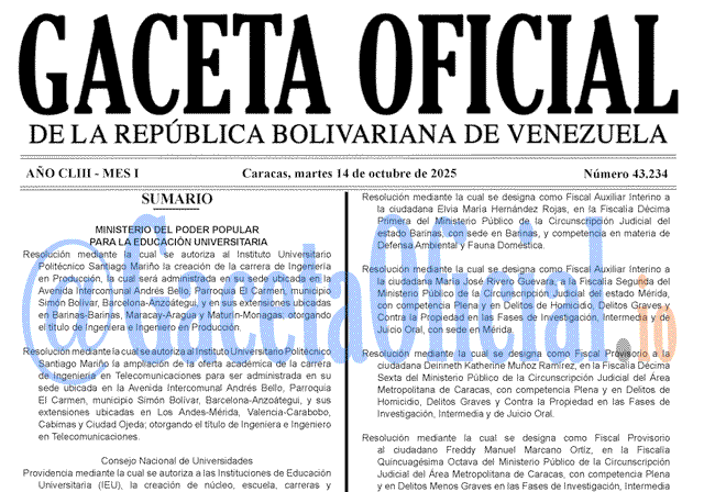 Venezuela Gaceta Oficial 43234 del 14 octubre 2025 Gaceta Oficial, Gaceta 43234, Gaceta 43234 HD, Gaceta #43234, Gaceta Oficial Venezuela #43234