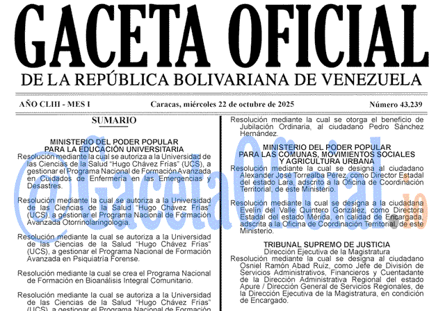 Gaceta Oficial, Gaceta 43239, Gaceta 43239 HD, Gaceta #43239, Gaceta Oficial Venezuela #43239