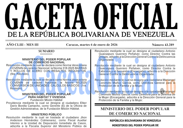 Venezuela Gaceta Oficial 43289 del 6 enero 2026 Gaceta Oficial, Gaceta 43289, Gaceta 43289 HD, Gaceta #43289, Gaceta Oficial Venezuela #43289