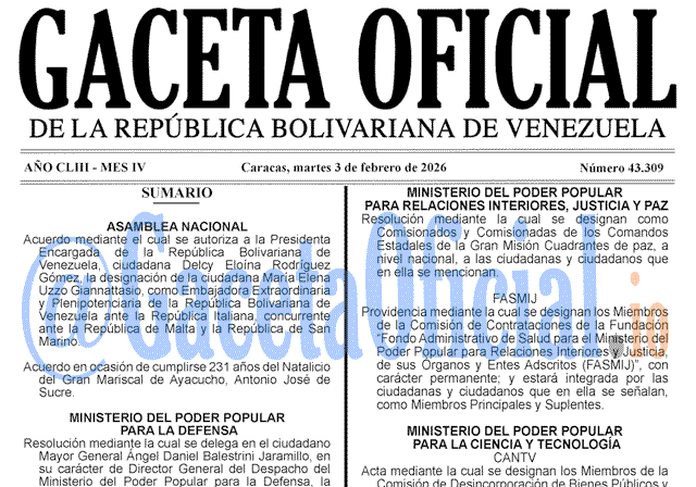 Venezuela Gaceta Oficial 43309 del 3 febrero 2026 Gaceta Oficial, Gaceta 43309, Gaceta 43309 HD, Gaceta #43309, Gaceta Oficial Venezuela #43309
