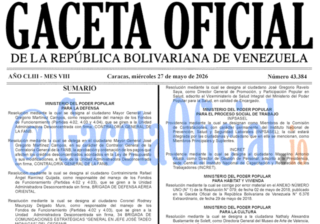 Venezuela Gaceta Oficial 43384 del 27 mayo 2026 Gaceta Oficial, Gaceta 43384, Gaceta 43384 HD, Gaceta #43384, Gaceta Oficial Venezuela #43384