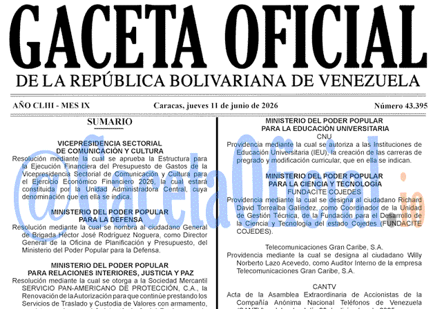 Gaceta Oficial, Gaceta 43395, Gaceta 43395 HD, Gaceta #43395, Gaceta Oficial Venezuela #43395