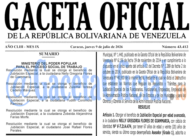 Venezuela Gaceta Oficial #43412 del 9 julio 2026 Gaceta Oficial, Gaceta 43412, Gaceta 43412 HD, Gaceta #43412, Gaceta Oficial Venezuela #43412