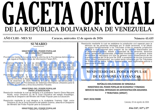 Gaceta Oficial, Gaceta 43435, Gaceta 43435 HD, Gaceta #43435, Gaceta Oficial Venezuela #43435