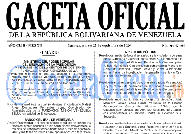 Venezuela Gaceta Oficial 43464 del 22 septiembre 2026 Gaceta Oficial, Gaceta 43464, Gaceta 43464 HD, Gaceta #43464, Gaceta Oficial Venezuela #43464