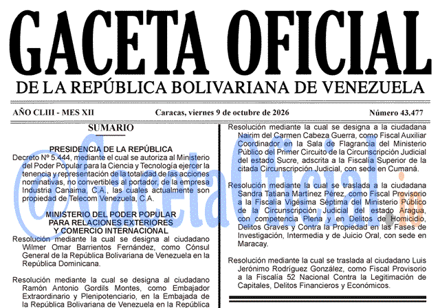 2026-10-09 Gaceta Oficial Venezuela #43477 Gaceta 43477, Gaceta 43477 HD, Gaceta #43477, Gaceta Oficial Venezuela #43477
