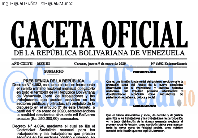 Gaceta Oficial 6502 del 9 Enero 2020