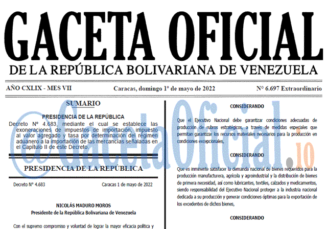 Venezuela Gaceta Oficial 6697 del 1 mayo 2022