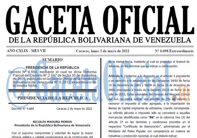 Venezuela Gaceta Oficial 6698 del 2 mayo 2022