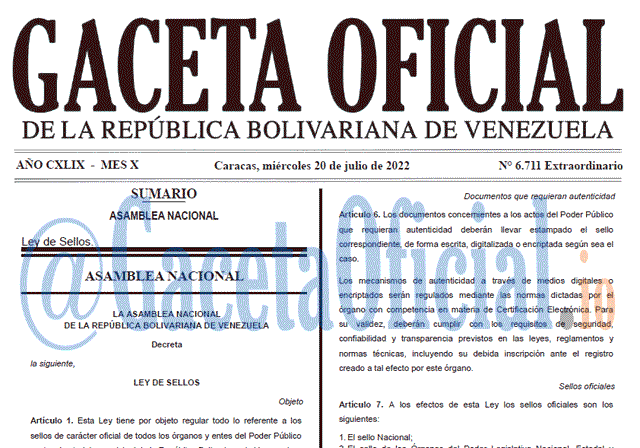 Venezuela Gaceta Oficial 6711 del 20 julio 2022