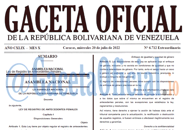 Venezuela Gaceta Oficial 6712 del 20 julio 2022