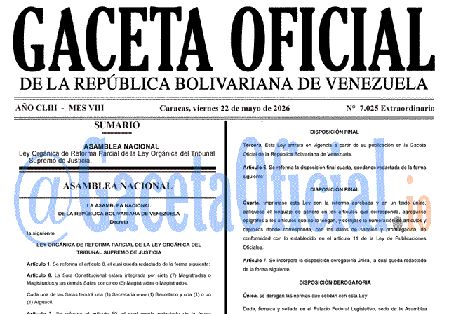 Venezuela Gaceta Oficial 7025 del 22 mayo 2026 Gaceta Oficial, Gaceta 7025, Gaceta 7025 HD, Gaceta #7025, Gaceta Oficial Venezuela #7025