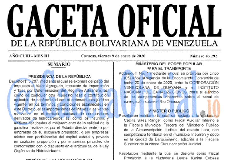 2026-01-09 Gaceta Oficial Venezuela #43292